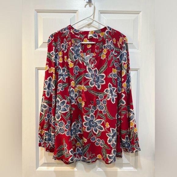 Women's Floral Tunic Top Tasseled V-Neck Hippie Free Spirit Boho Colorful Sz M - Picture 1 of 7